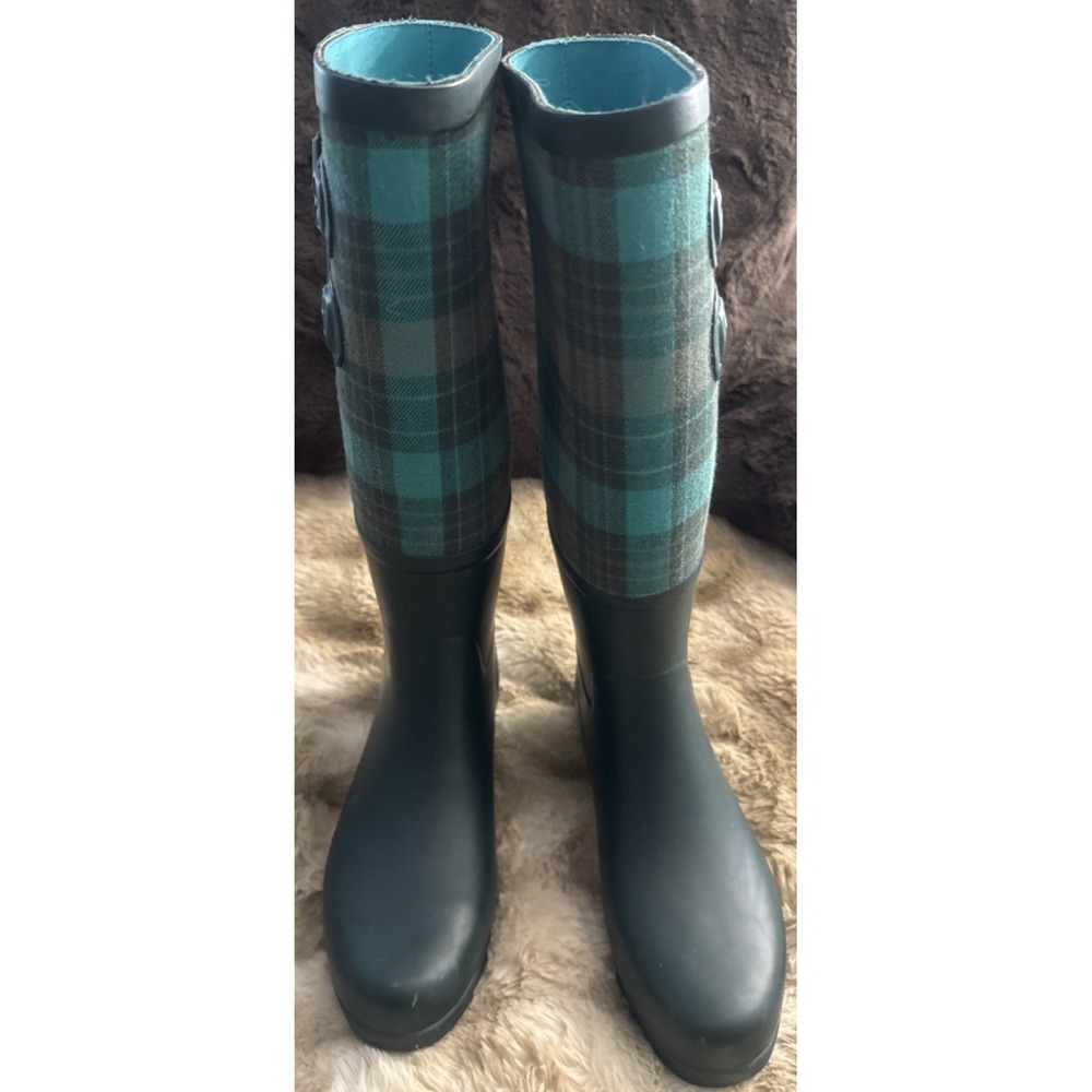 Ugg Rain Boots Shoes Dark Green/Plaid Green Blue Buckle Accent USA 6 EU 37